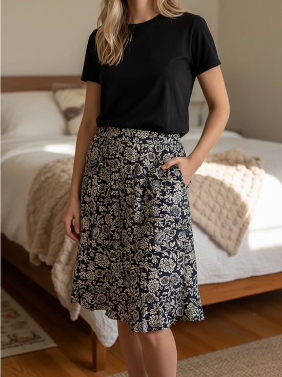 Eddie Bauer Dresses & Skirts - Eddie Bauer Navy Blue A-Line Skirt with Cream Floral Print Drawstring